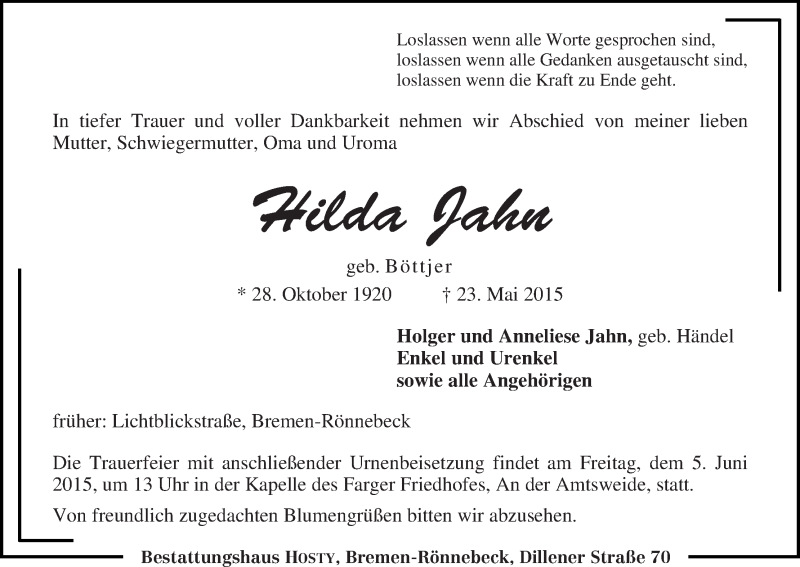 Traueranzeige von Hilda Jahn von Die Norddeutsche