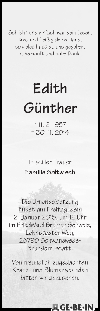 Traueranzeige von Edith Günther von WESER-KURIER