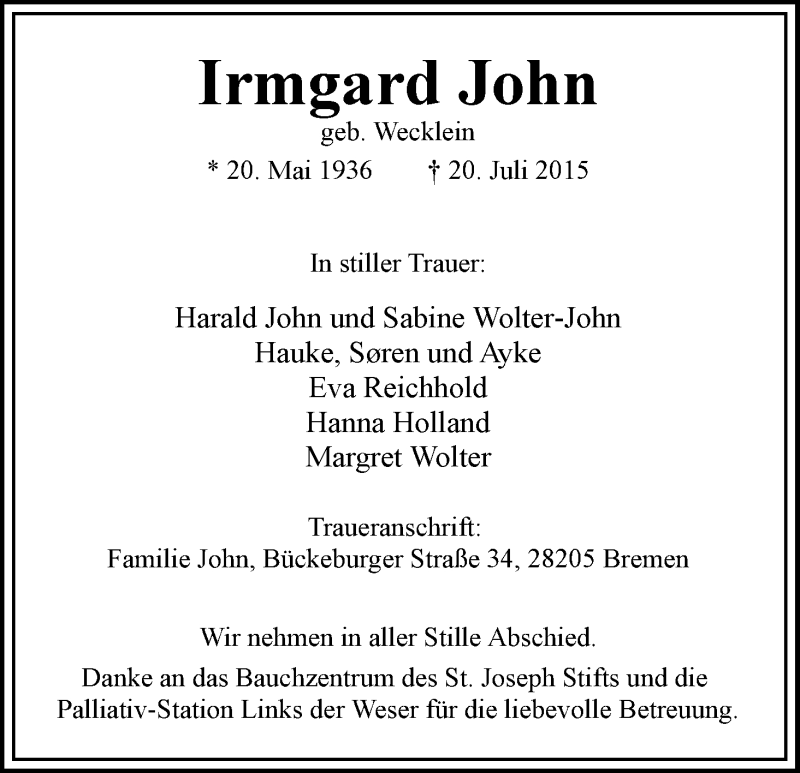 Traueranzeige von Irmgard John von WESER-KURIER
