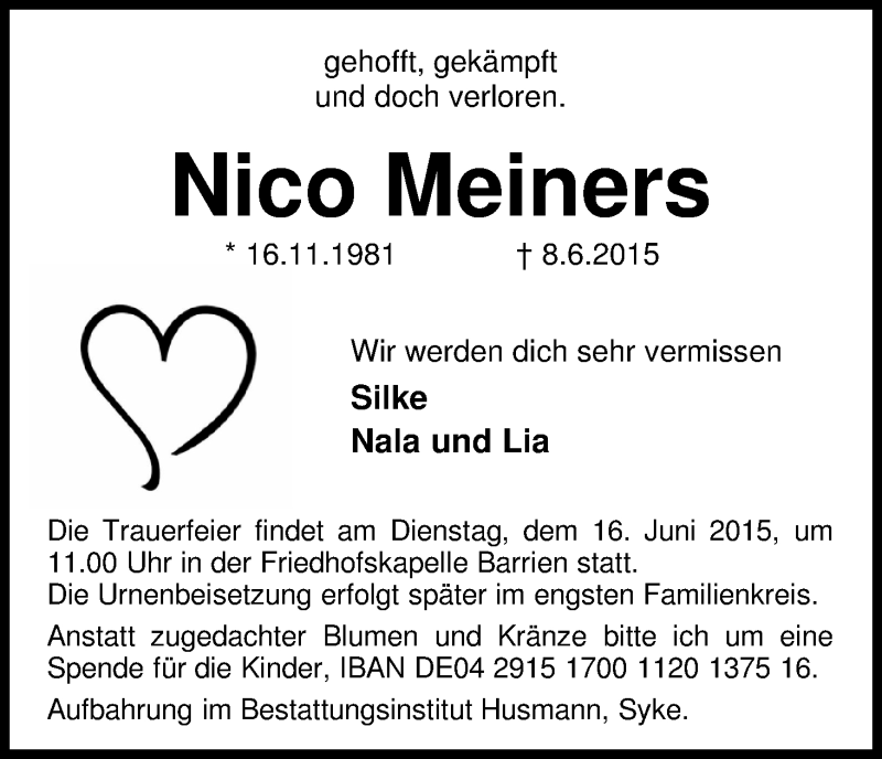 Traueranzeige von Nico Meiners von Regionale Rundschau/Syker Kurier