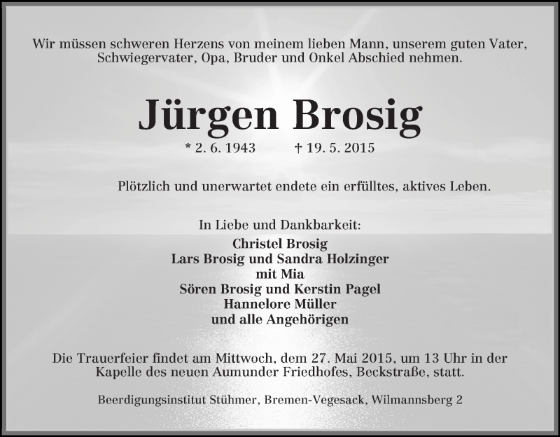 Traueranzeige von Jürgen Brosig von Die Norddeutsche