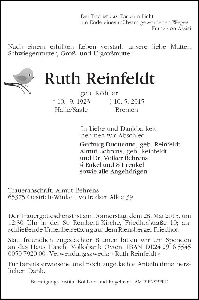 Traueranzeige von Ruth Reinfeldt von WESER-KURIER