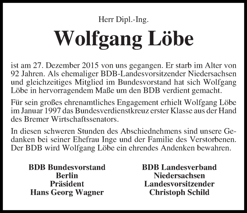 Traueranzeige von Wolfgang Löbe von WESER-KURIER