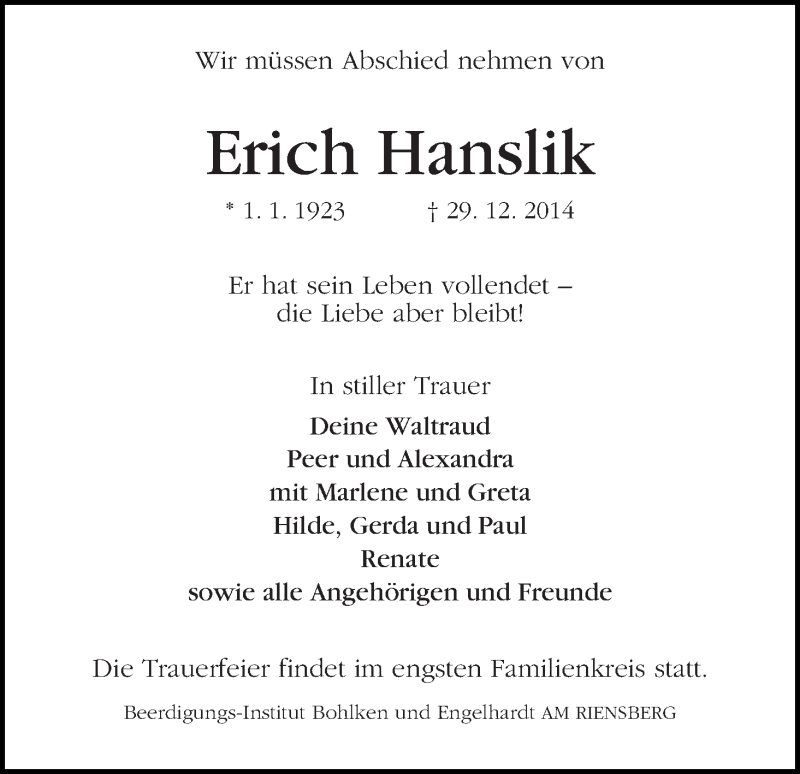 Traueranzeige von Erich Hanslik von WESER-KURIER