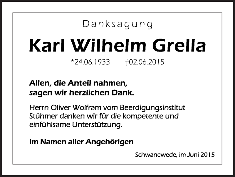 Traueranzeige von Karl Wilhelm Grella von Die Norddeutsche