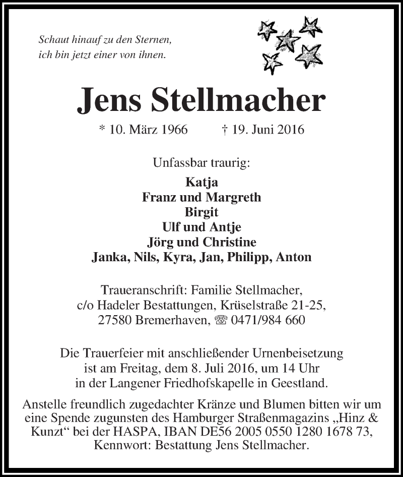 Traueranzeige von Jens Stellmacher von WESER-KURIER