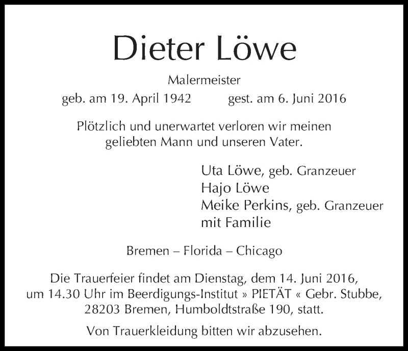 Traueranzeige von Dieter Löwe von WESER-KURIER
