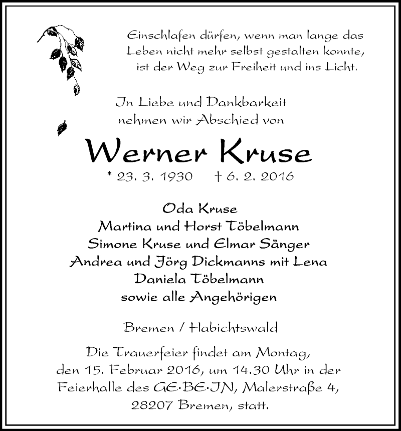 Traueranzeige von Werner Kruse von WESER-KURIER
