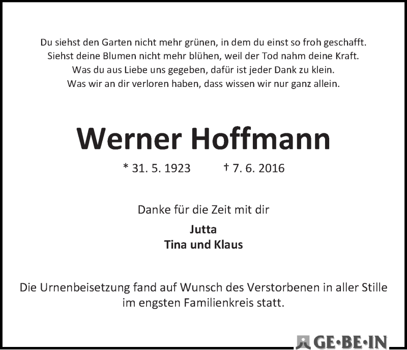 Traueranzeige von Werner Hoffmann von WESER-KURIER