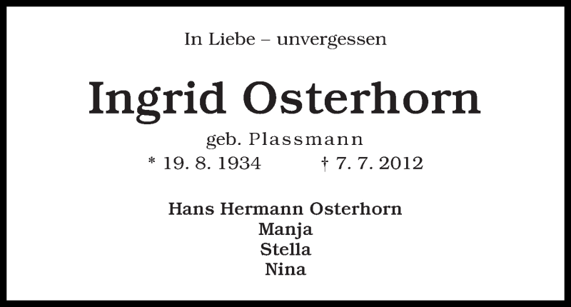 Traueranzeige von Ingrid Osterhorn von WESER-KURIER