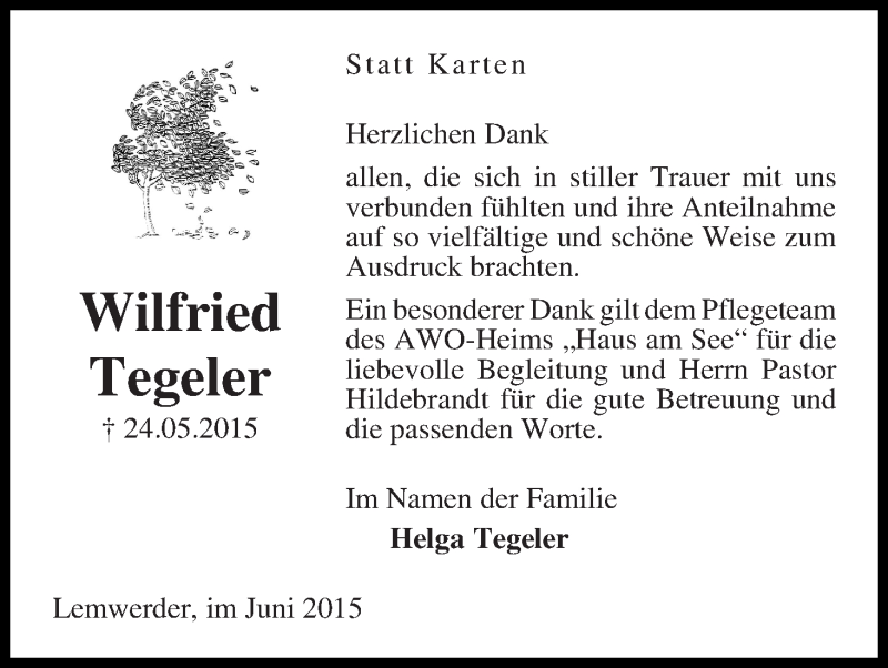 Traueranzeige von Wilfried Tegeler von Die Norddeutsche