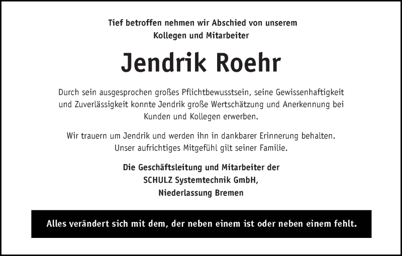 Traueranzeige von Jendrik Roehr von Die Norddeutsche