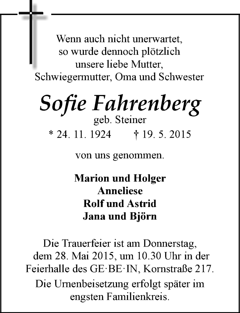 Traueranzeige von Sofie Fahrenberg von WESER-KURIER