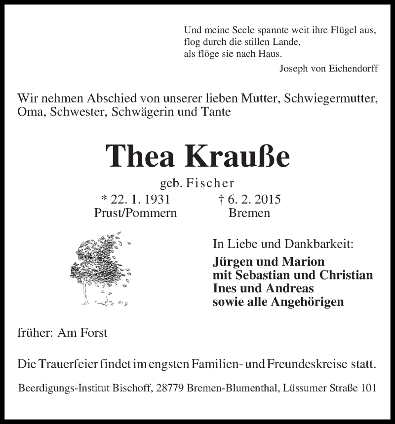 Traueranzeige von Thea Krauße von Die Norddeutsche