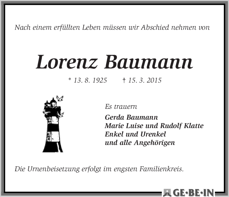 Traueranzeige von Lorenz Baumann von WESER-KURIER