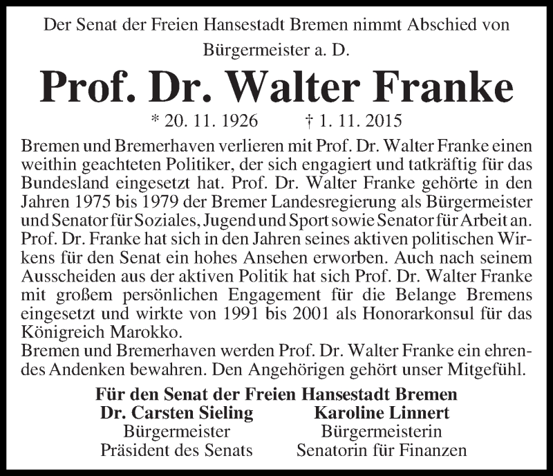Traueranzeige von Walter Franke von WESER-KURIER