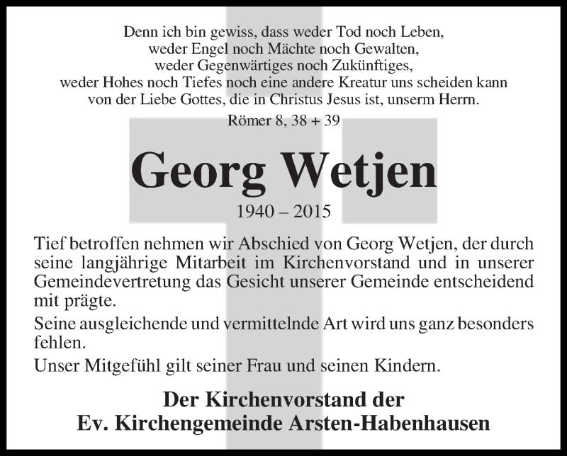 Traueranzeige von Georg Wetjen von WESER-KURIER