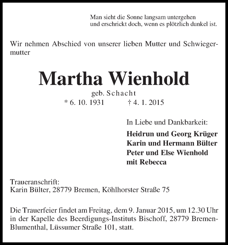 Traueranzeige von Martha Wienhold von Die Norddeutsche