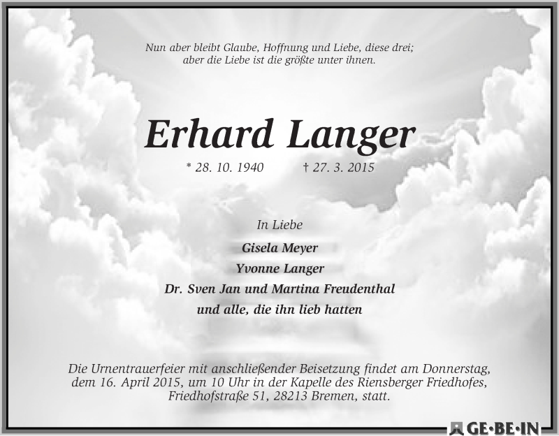 Traueranzeige von Erhard Langer von WESER-KURIER