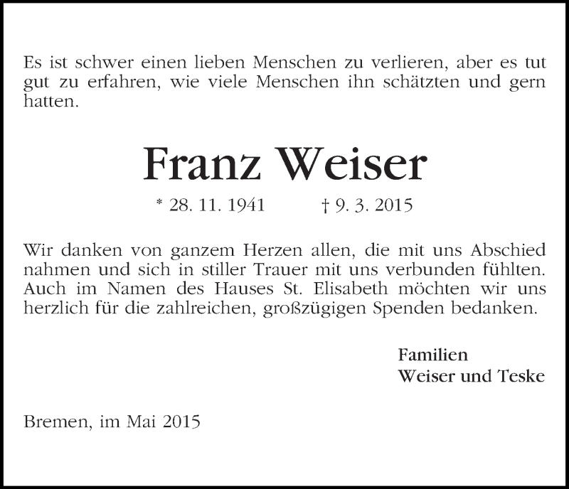 Traueranzeige von Franz Weiser von WESER-KURIER