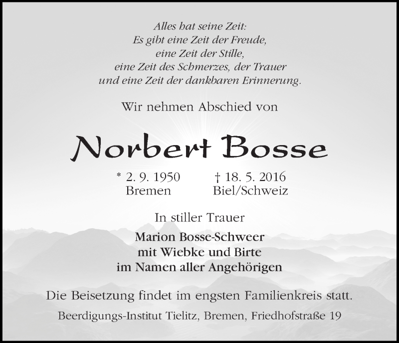 Traueranzeige von Norbert Bosse von WESER-KURIER
