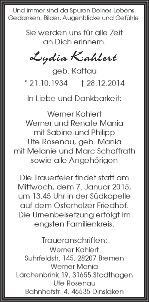 Traueranzeige von Lydia Kahlert von WESER-KURIER