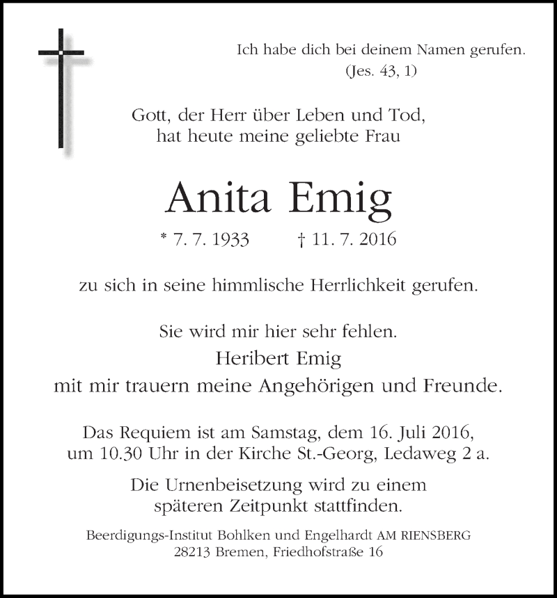 Traueranzeige von Anita Emig von WESER-KURIER