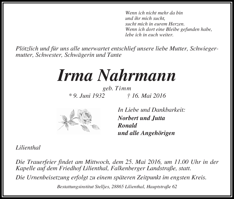 Traueranzeige von Irma Nahrmann von Wuemme Zeitung