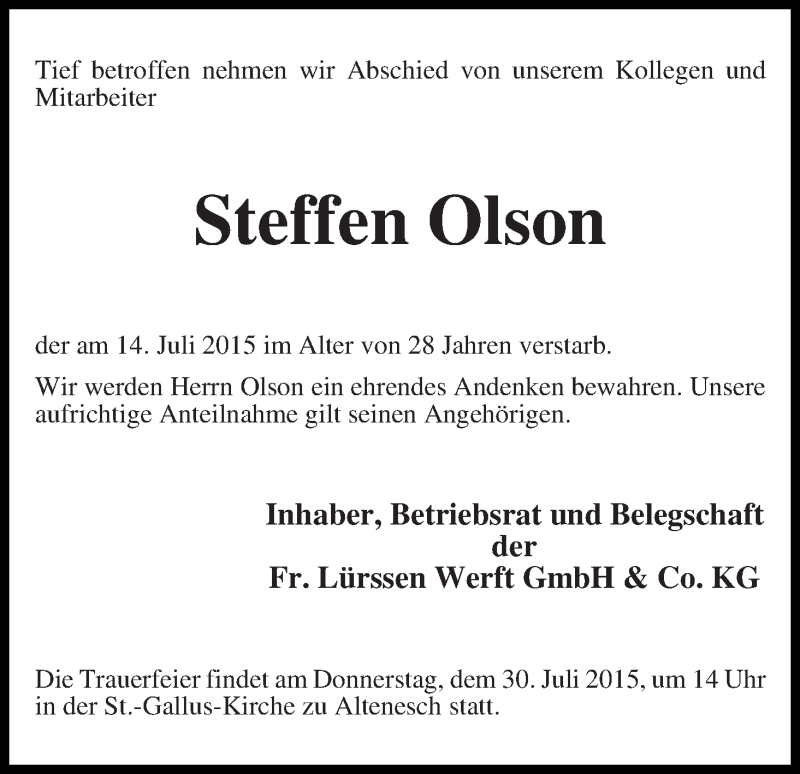 Traueranzeige von Steffen Olson von Die Norddeutsche