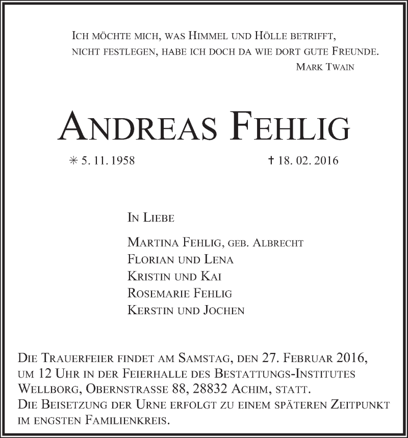 Traueranzeige von Andreas Fehlig von WESER-KURIER