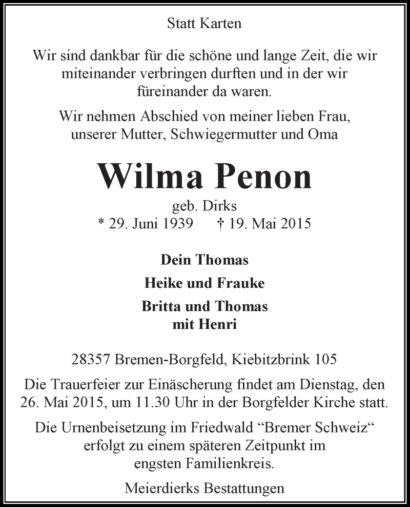 Traueranzeige von Wilma Penon von WESER-KURIER