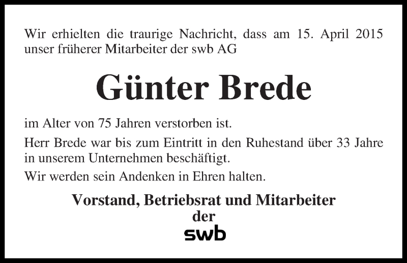 Traueranzeige von Günter Brede von WESER-KURIER