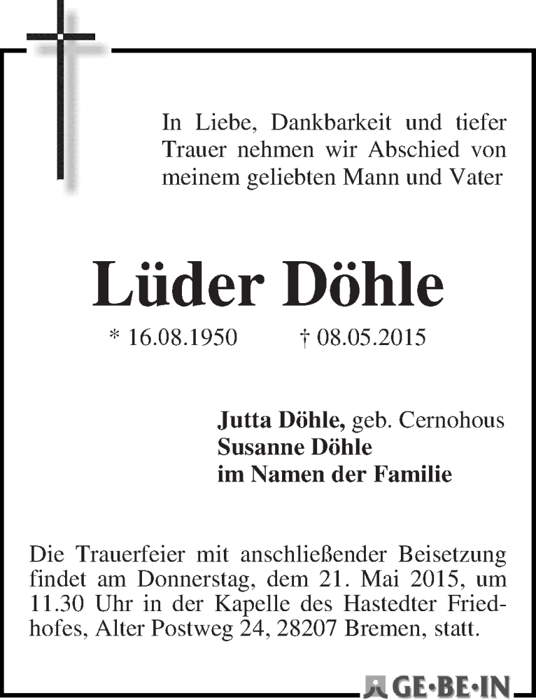Traueranzeige von Lüder Döhle von WESER-KURIER