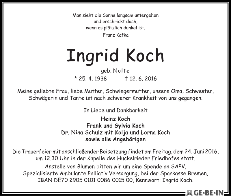 Traueranzeige von Ingrid Koch von WESER-KURIER