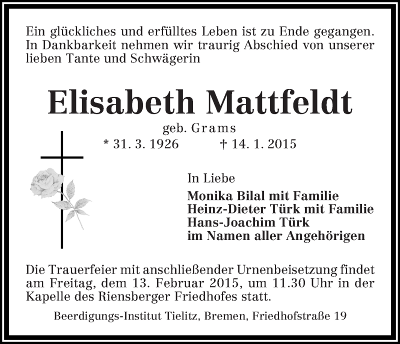 Traueranzeige von Elisabeth Mattfeldt von WESER-KURIER