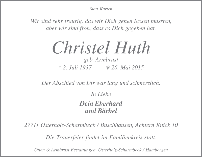 Traueranzeige von Christel Huth von Osterholzer Kreisblatt