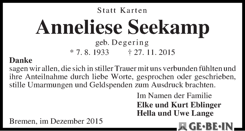 Traueranzeige von Anneliese Seekamp von WESER-KURIER