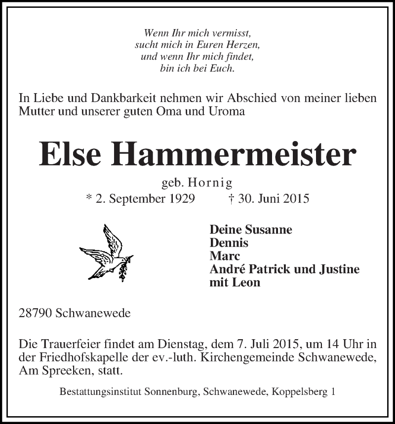 Traueranzeige von Else Hammermeister von Die Norddeutsche