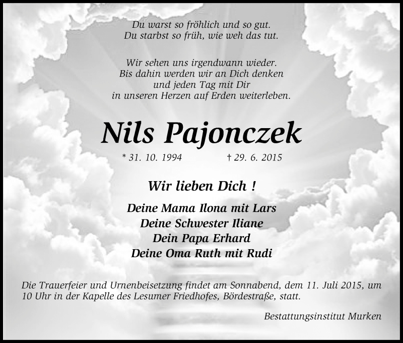 Traueranzeige von Nils Pajonczek von Die Norddeutsche