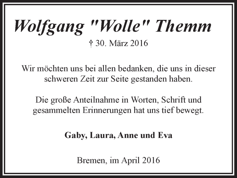Traueranzeige von Wolfgang (Wolle) Themm von WESER-KURIER