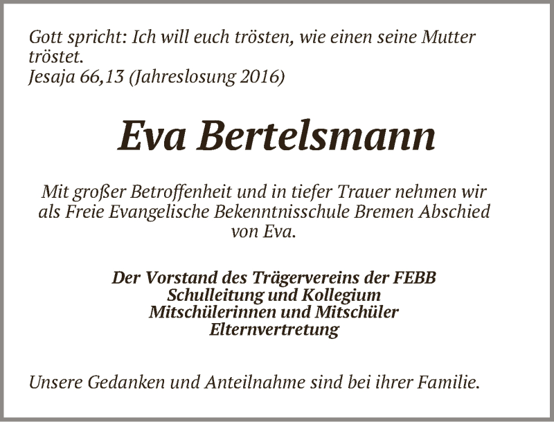 Traueranzeige von Eva Christin Bertelsmann von WESER-KURIER