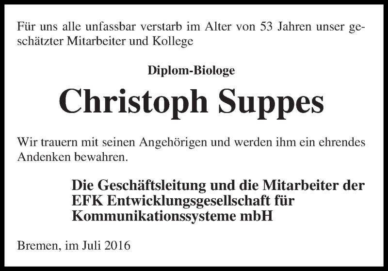 Traueranzeige von Christoph Suppes von WESER-KURIER