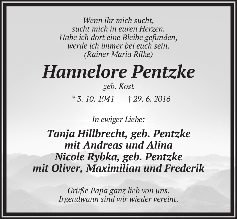 Traueranzeige von Hannelore Pentzke von Die Norddeutsche