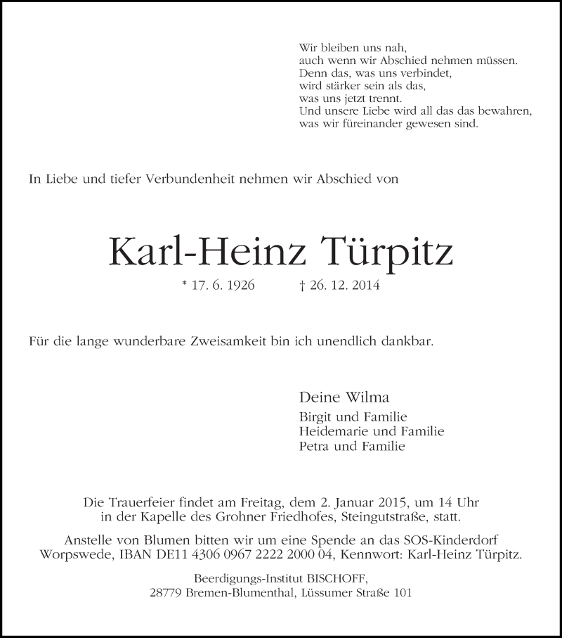 Traueranzeige von Karl-Heinz Türpitz von Die Norddeutsche