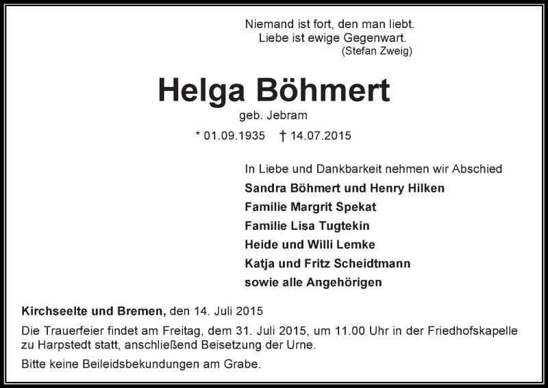 Traueranzeige von Helga Böhmert von WESER-KURIER