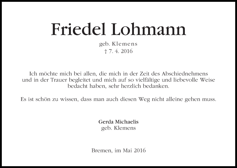 Traueranzeige von Friedel Lohmann von WESER-KURIER