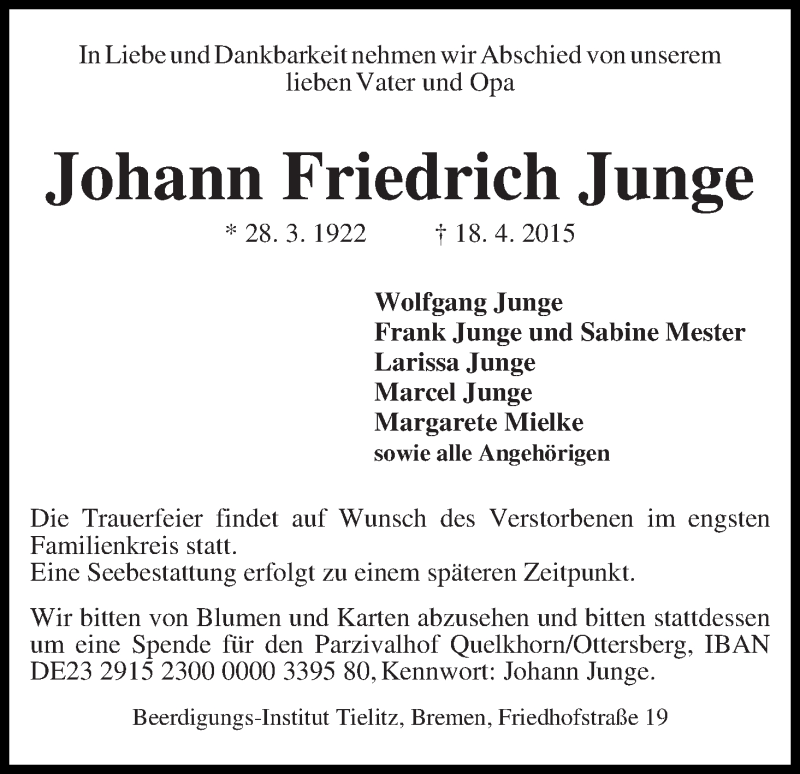 Traueranzeige von Johann Friedrich Junge von WESER-KURIER