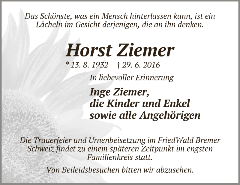 Traueranzeige von Horst Ziemer von WESER-KURIER