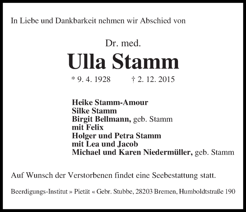 Traueranzeige von Ulla Stamm von WESER-KURIER