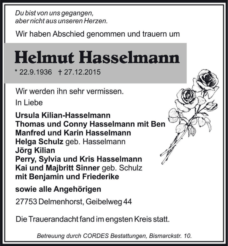 Traueranzeige von Helmut Hasselmann von WESER-KURIER